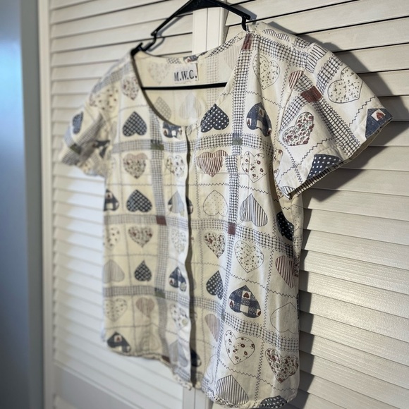 Vintage M.W.C. Patchwork Heart Button Down Short Sleeve Shirt Round Neck Medium - Picture 2 of 8
